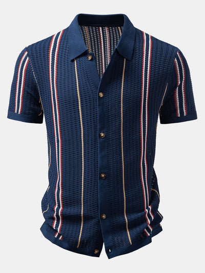Oscar | CROCHET STRIPED SHIRT WITH BUTTONS & STRAIGHT LEG LINEN PANTS