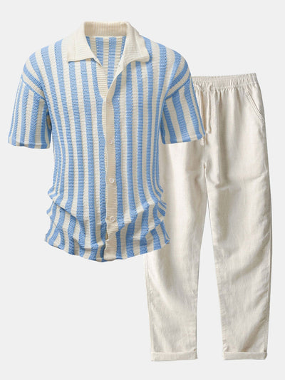 Neal | Crochet Stripe Gradient Shoulder Shirt & Straight Leg Linen Pants