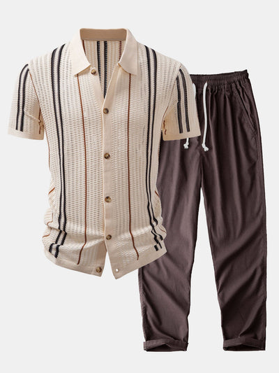 Oscar | CROCHET STRIPED SHIRT WITH BUTTONS & STRAIGHT LEG LINEN PANTS