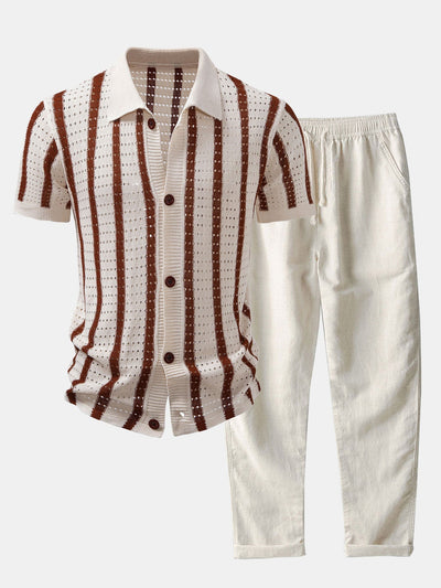Pedro | STRIPED SHIRT WITH KNITTED EYELET & STRAIGHT LEG LINEN PANTS
