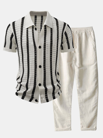 Pedro | STRIPED SHIRT WITH KNITTED EYELET & STRAIGHT LEG LINEN PANTS