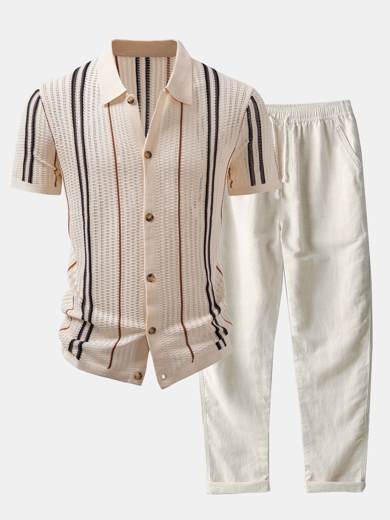 Oscar | CROCHET STRIPED SHIRT WITH BUTTONS & STRAIGHT LEG LINEN PANTS