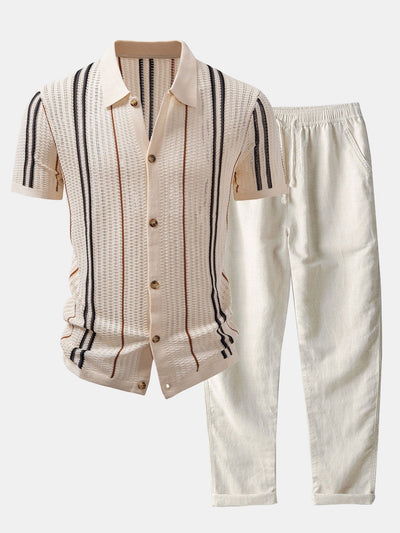 Oscar | CROCHET STRIPED SHIRT WITH BUTTONS & STRAIGHT LEG LINEN PANTS
