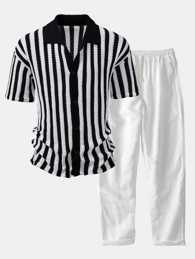 Neal | Crochet Stripe Gradient Shoulder Shirt & Straight Leg Linen Pants