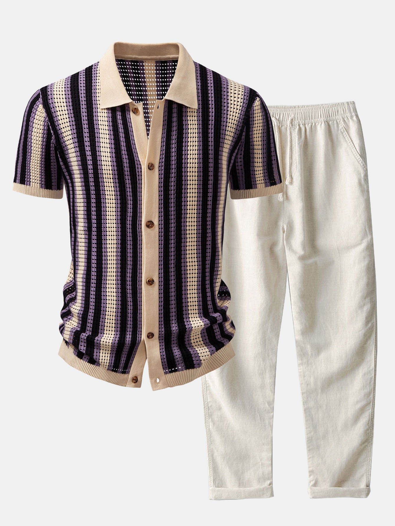 Patrick | STRIPED SHIRT WITH CROCHET EYELETS & STRAIGHT LEG LINEN PANTS