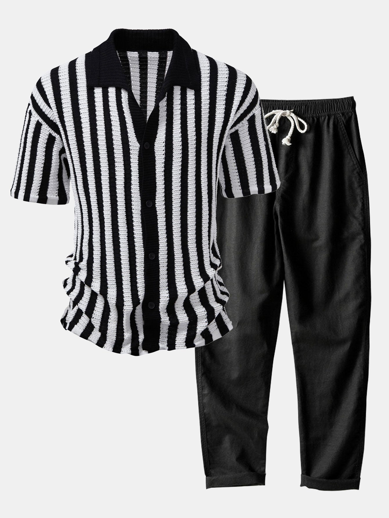 Neal | Crochet Stripe Gradient Shoulder Shirt & Straight Leg Linen Pants