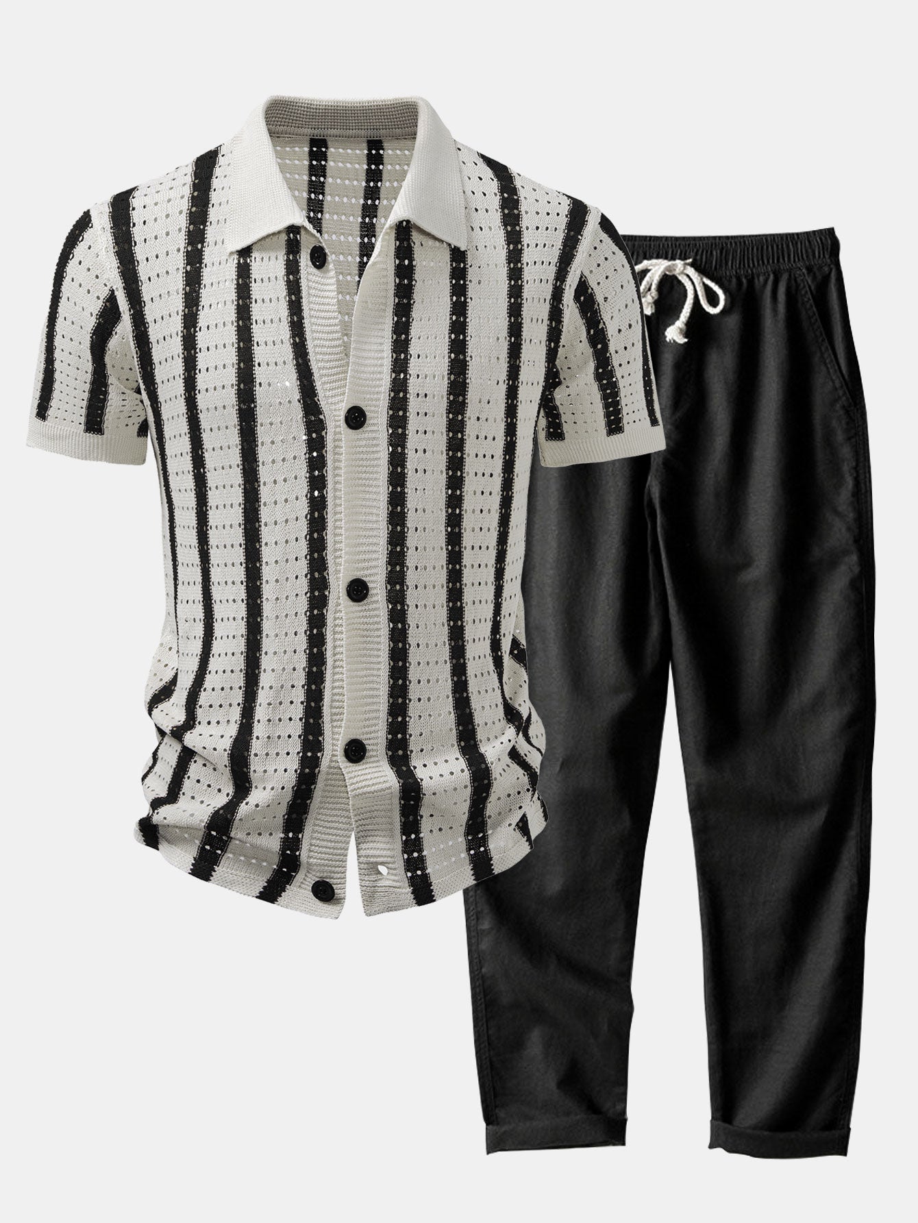Pedro | STRIPED SHIRT WITH KNITTED EYELET & STRAIGHT LEG LINEN PANTS