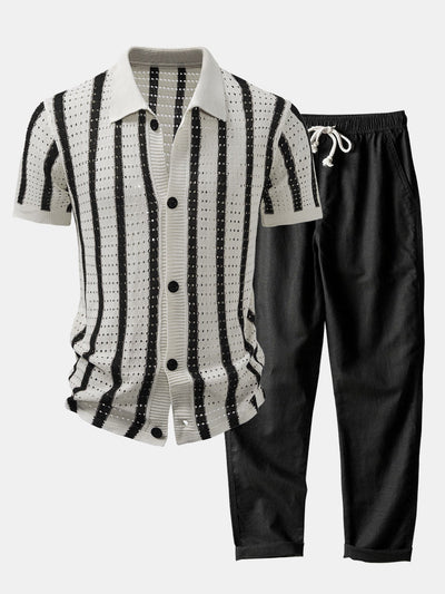 Pedro | STRIPED SHIRT WITH KNITTED EYELET & STRAIGHT LEG LINEN PANTS