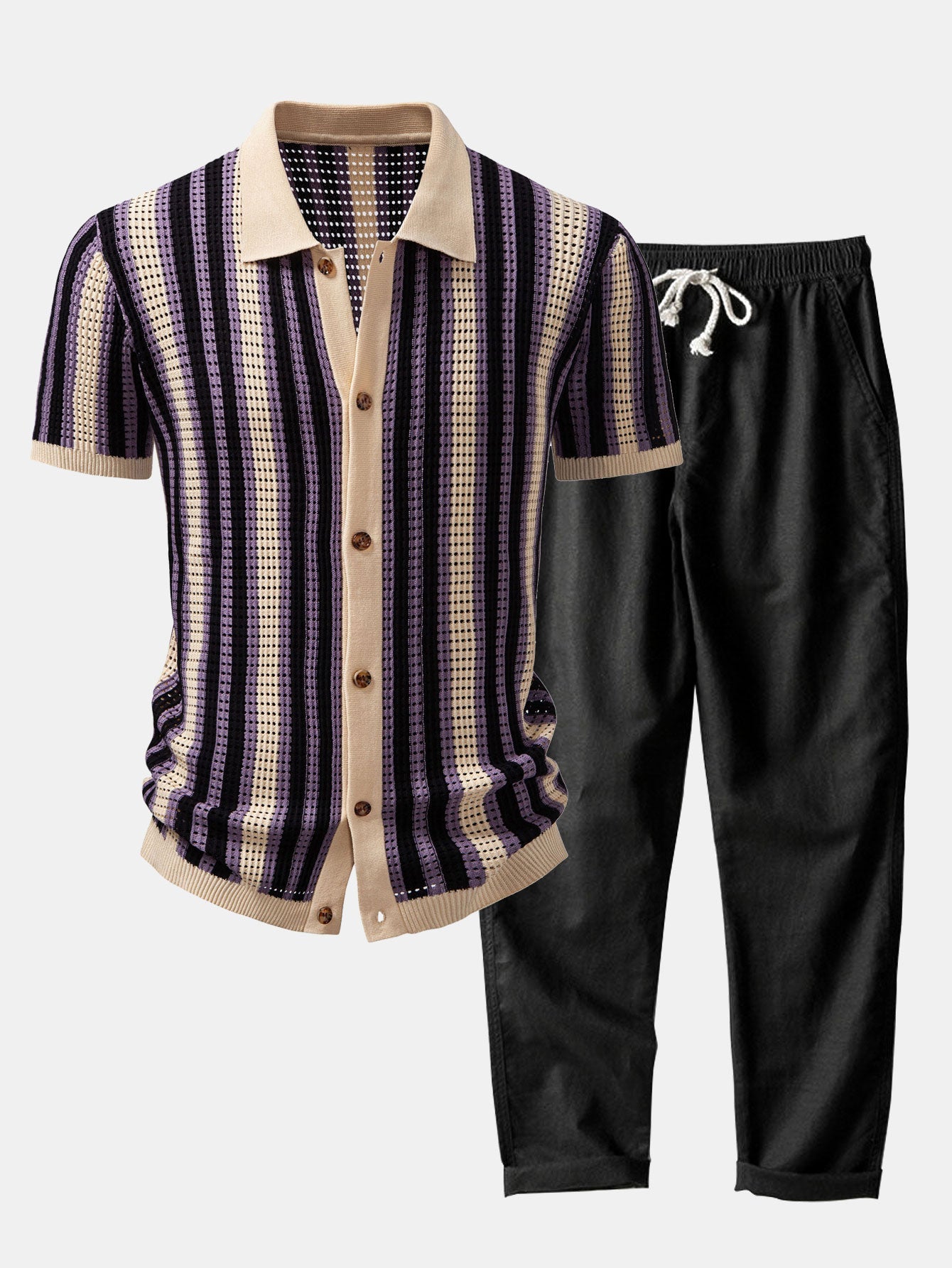 Patrick | STRIPED SHIRT WITH CROCHET EYELETS & STRAIGHT LEG LINEN PANTS