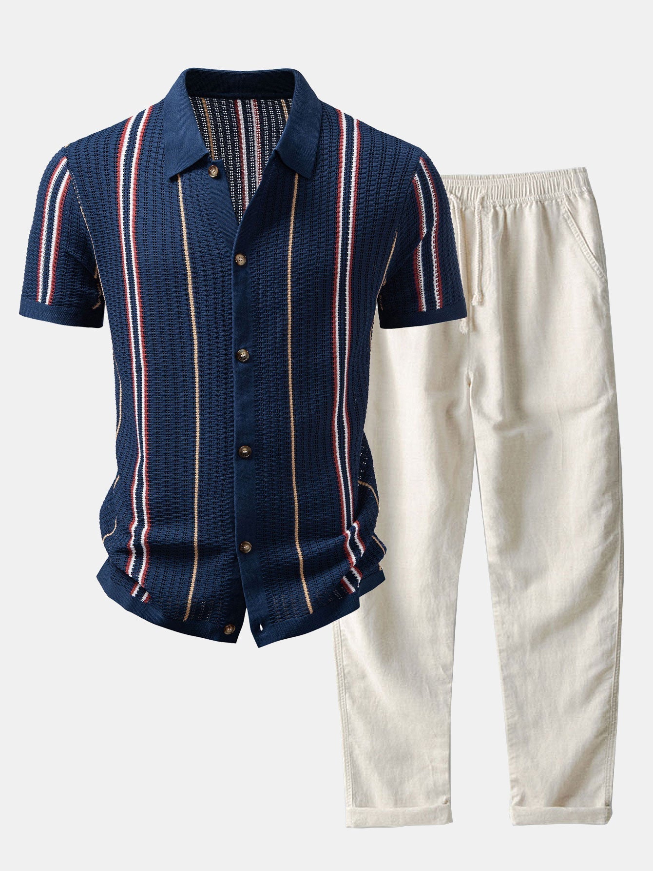 Oscar | CROCHET STRIPED SHIRT WITH BUTTONS & STRAIGHT LEG LINEN PANTS