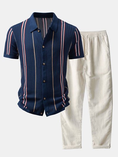 Oscar | CROCHET STRIPED SHIRT WITH BUTTONS & STRAIGHT LEG LINEN PANTS