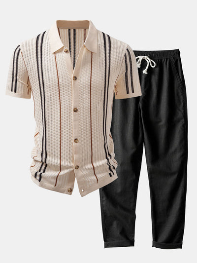 Oscar | CROCHET STRIPED SHIRT WITH BUTTONS & STRAIGHT LEG LINEN PANTS