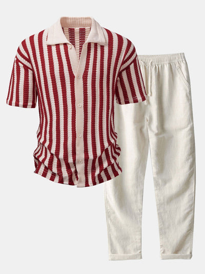 Neal | Crochet Stripe Gradient Shoulder Shirt & Straight Leg Linen Pants