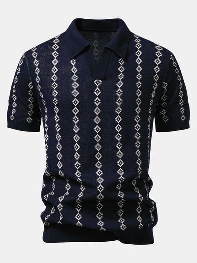 Emilio | GEOMETRIC KNIT V-NECK POLO SHIRT