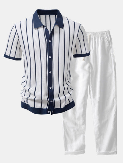 Peter | STRIPED KNIT BUTTON-DOWN SHIRT & STRAIGHT LINEN PANTS