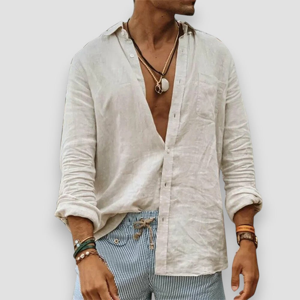 Zackary | Casual Cotton and Linen Shirt with Stand-Up Collar