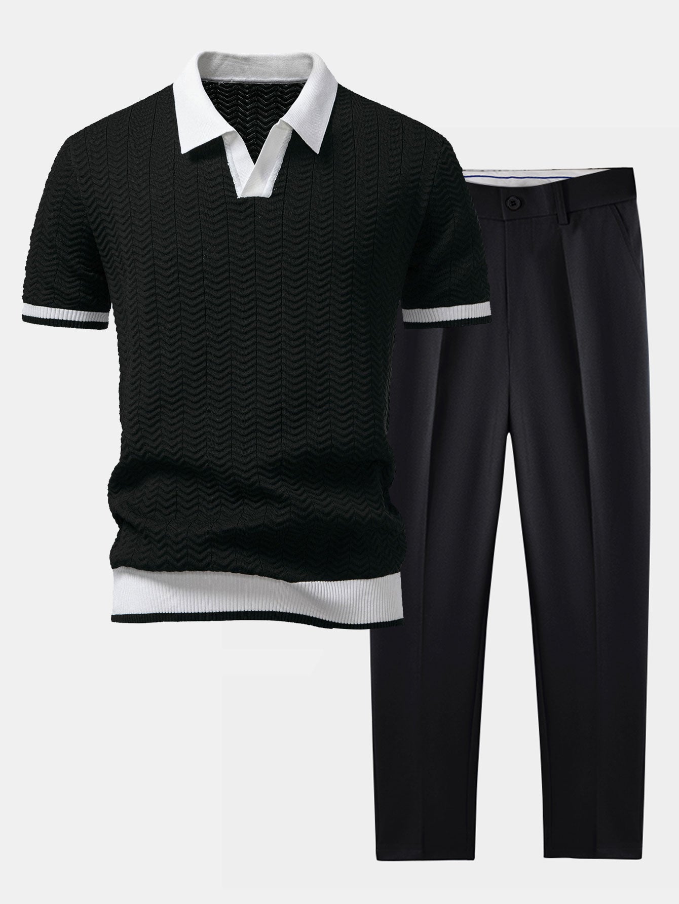 Claudio | V-NECK KNIT POLO SHIRT WITH TEXTURE CONTRAST & SLIM FIT PANTS