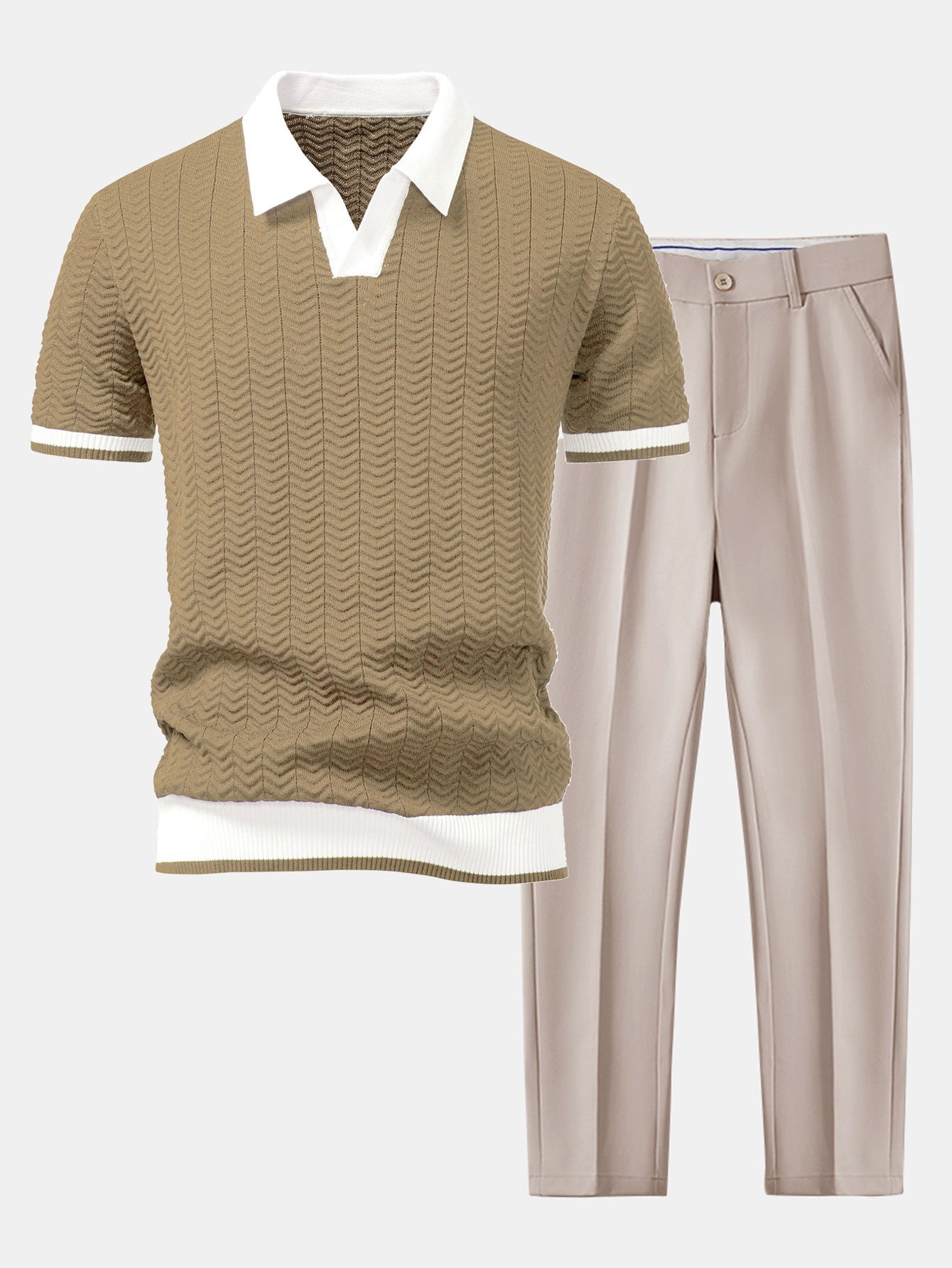 Claudio | V-NECK KNIT POLO SHIRT WITH TEXTURE CONTRAST & SLIM FIT PANTS