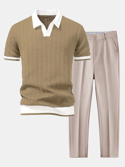 Claudio | V-NECK KNIT POLO SHIRT WITH TEXTURE CONTRAST & SLIM FIT PANTS
