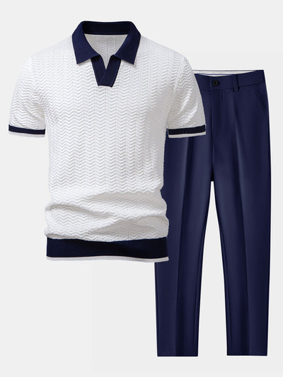 Claudio | V-NECK KNIT POLO SHIRT WITH TEXTURE CONTRAST & SLIM FIT PANTS